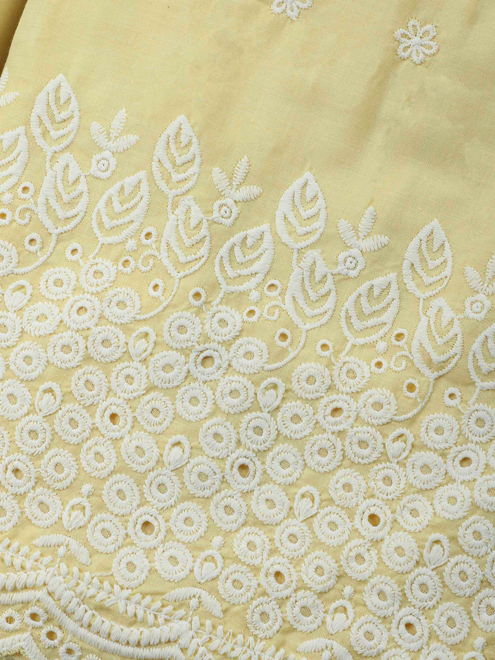 Yellow Embroidered Cotton Blend Unstitched Suit &amp; Pant With Cotton Dupatta