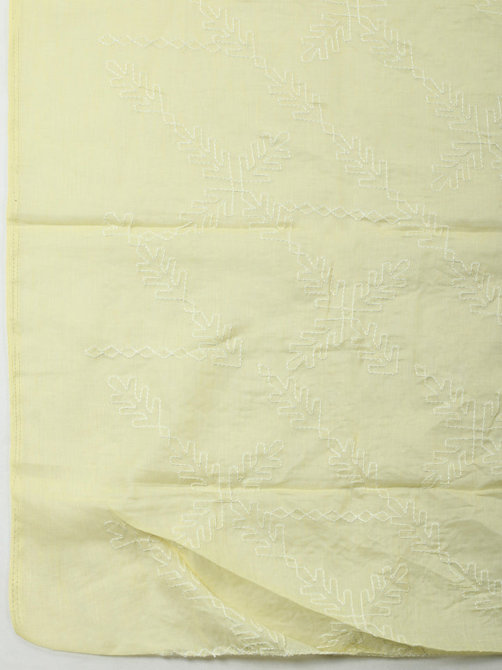Yellow Embroidered Cotton Blend Unstitched Suit &amp; Pant With Cotton Dupatta