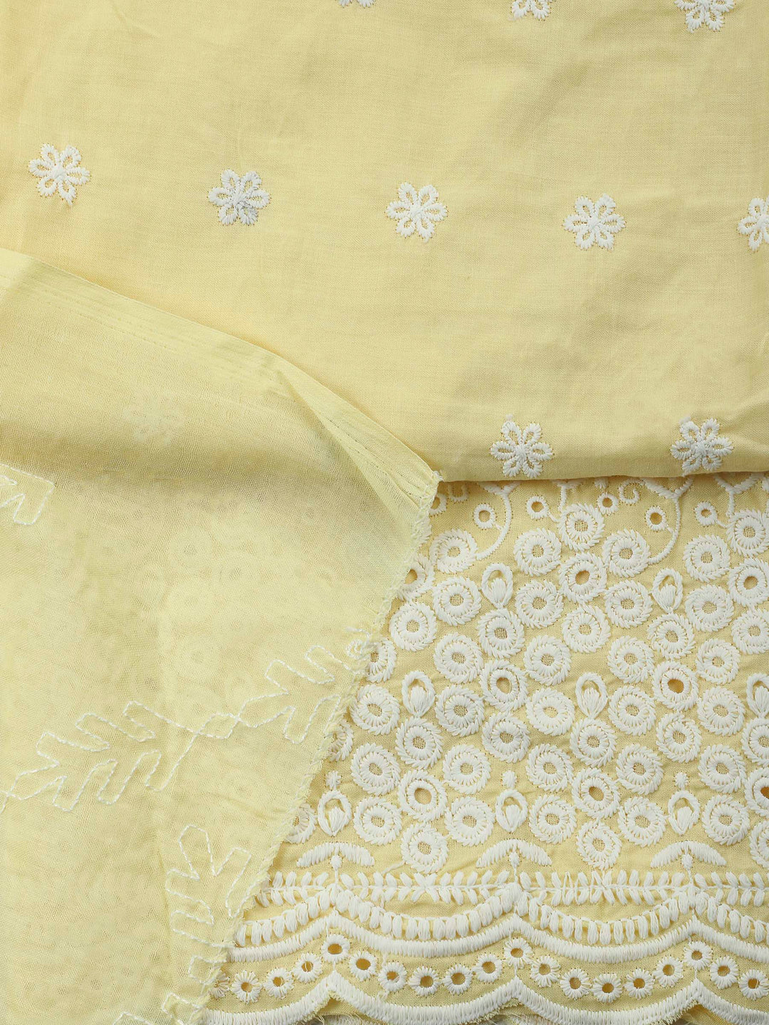 Yellow Embroidered Cotton Blend Unstitched Suit &amp; Pant With Cotton Dupatta