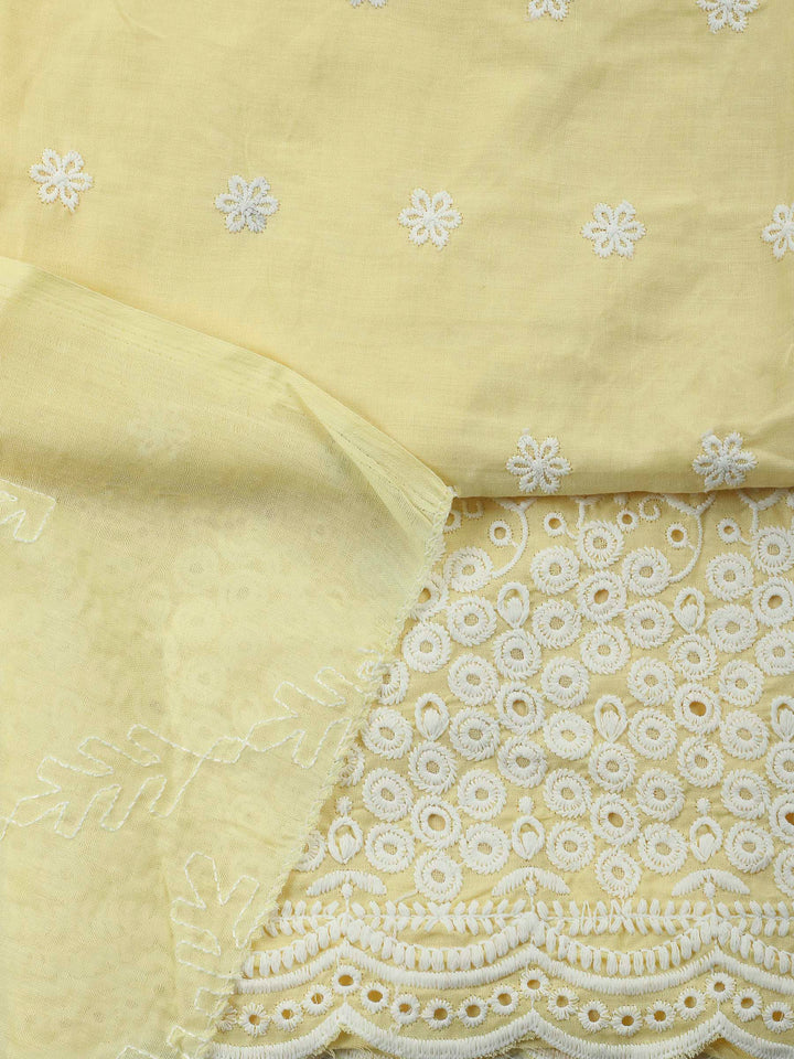 Yellow Embroidered Cotton Blend Unstitched Suit &amp; Pant With Cotton Dupatta