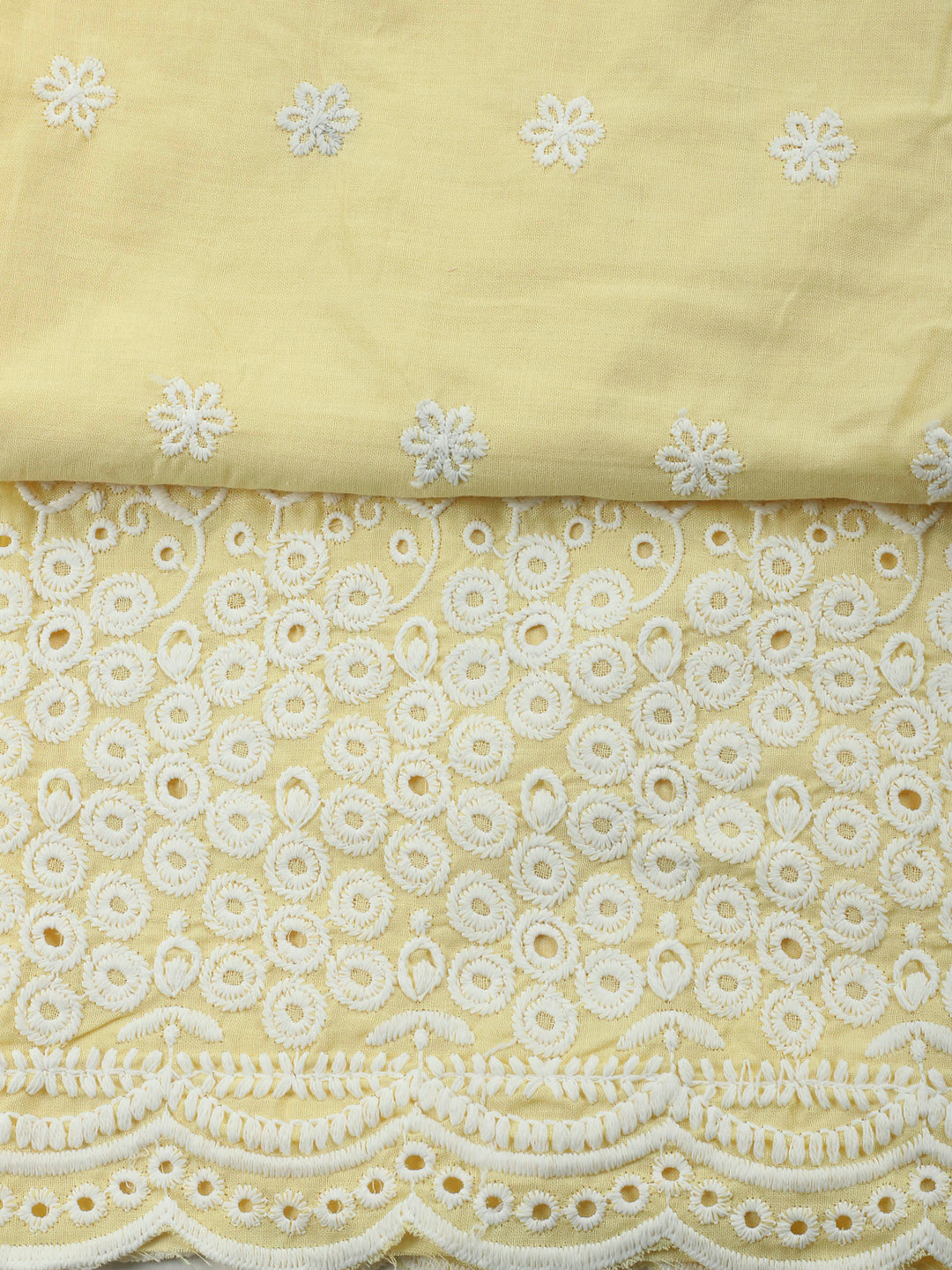 Yellow Embroidered Cotton Blend Unstitched Suit &amp; Pant With Cotton Dupatta