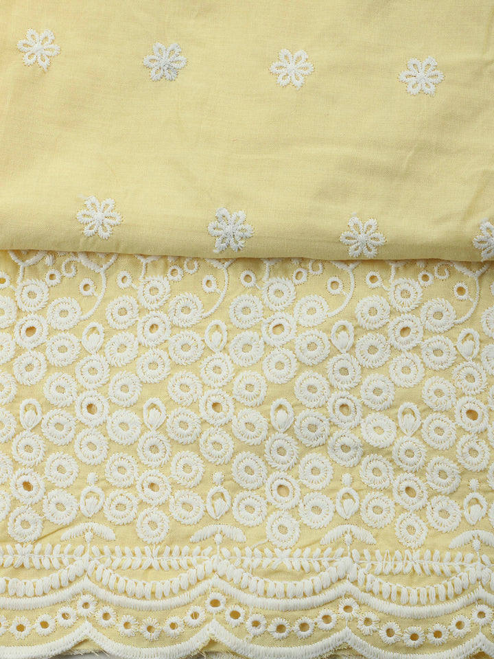 Yellow Embroidered Cotton Blend Unstitched Suit &amp; Pant With Cotton Dupatta