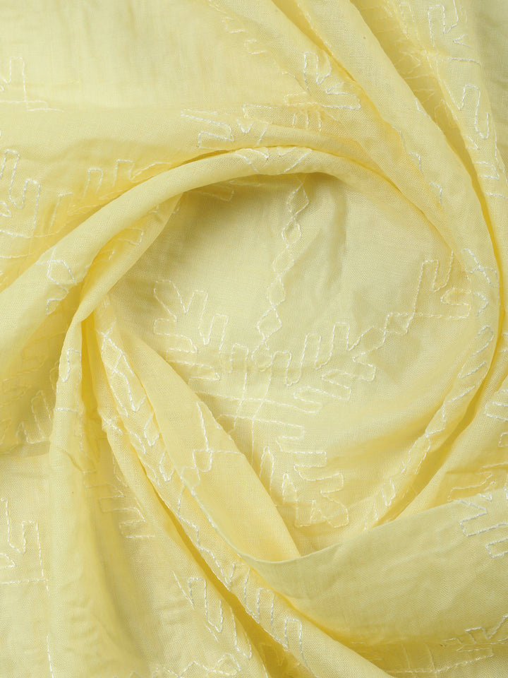 Yellow Embroidered Cotton Blend Unstitched Suit &amp; Pant With Cotton Dupatta