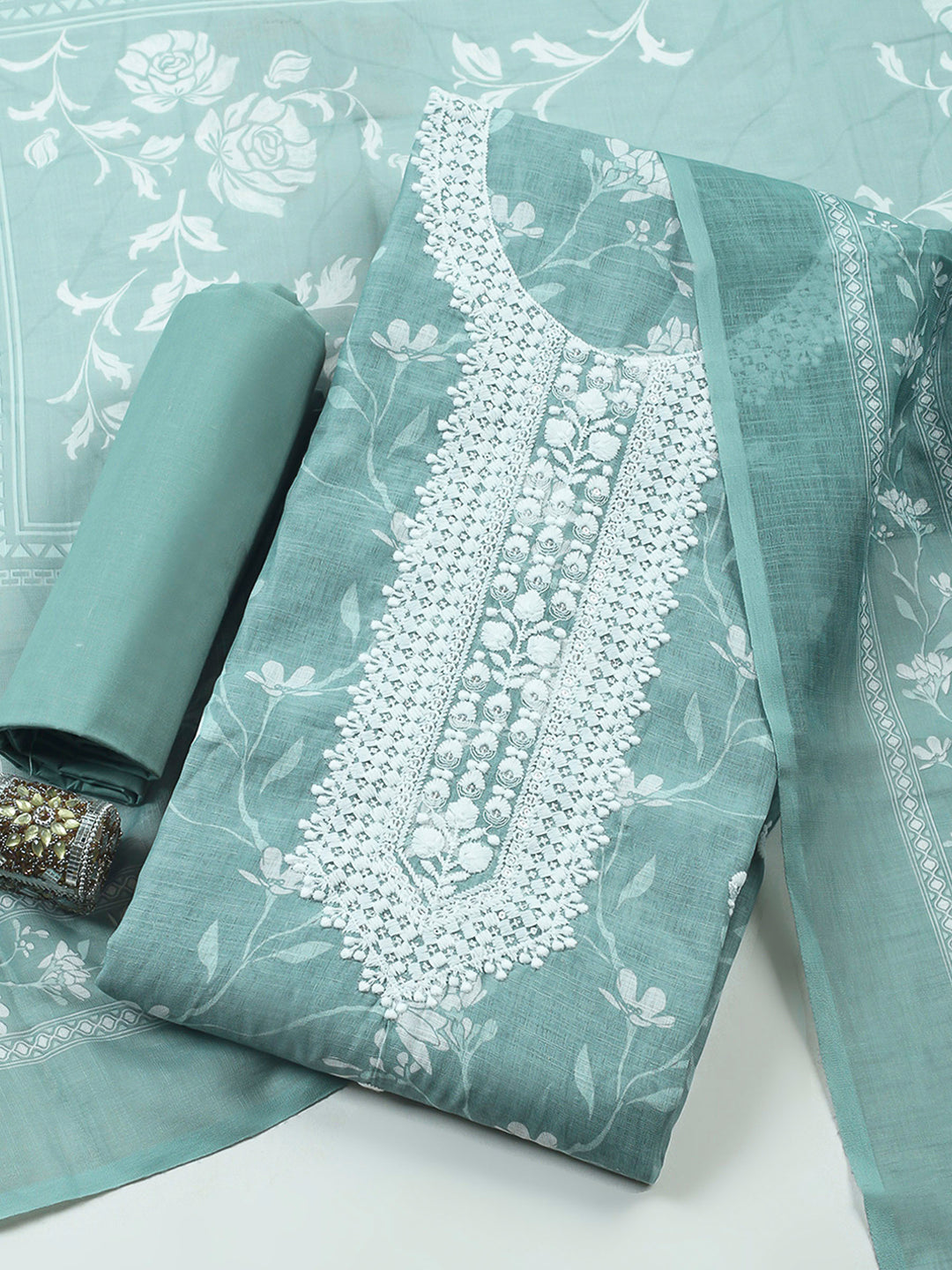 Aqua Green Embroidered Cotton Blend Unstitched Suit &amp; Pant With Cotton Dupatta