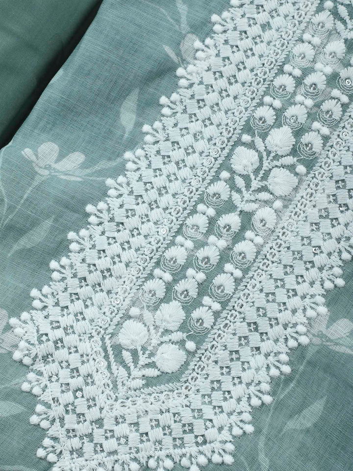 Aqua Green Embroidered Cotton Blend Unstitched Suit &amp; Pant With Cotton Dupatta