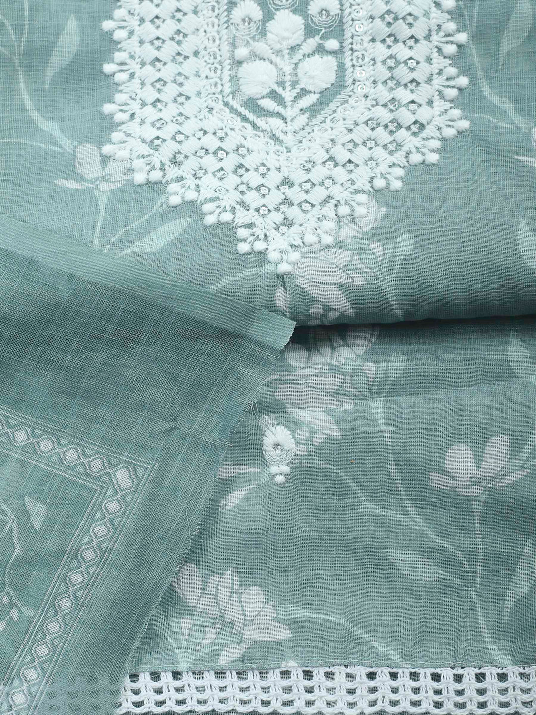 Aqua Green Embroidered Cotton Blend Unstitched Suit &amp; Pant With Cotton Dupatta
