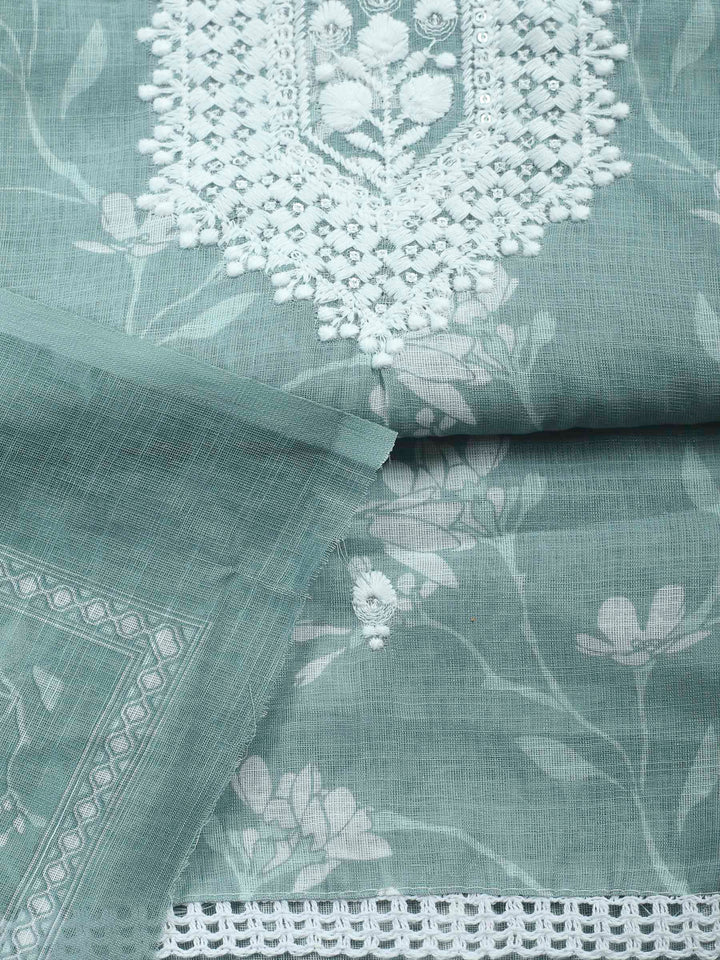 Aqua Green Embroidered Cotton Blend Unstitched Suit &amp; Pant With Cotton Dupatta
