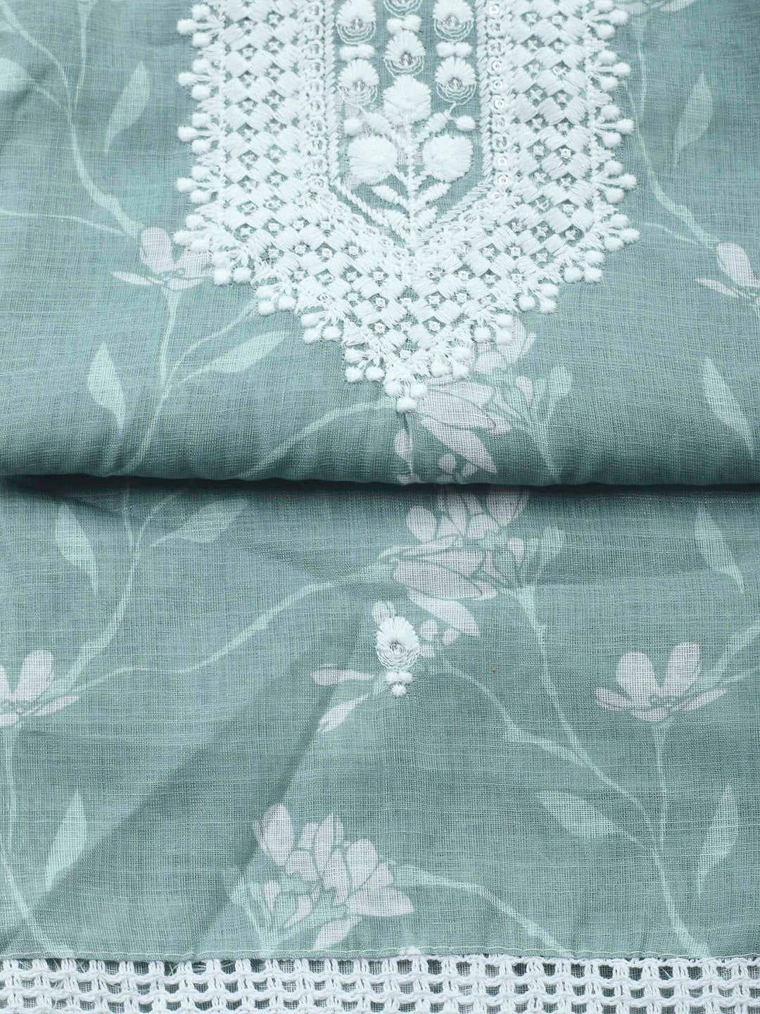 Aqua Green Embroidered Cotton Blend Unstitched Suit &amp; Pant With Cotton Dupatta