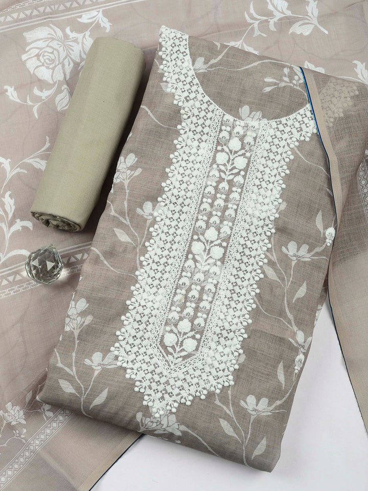 Brown Grey Embroidered Cotton Blend Unstitched Suit &amp; Pant With Cotton Dupatta
