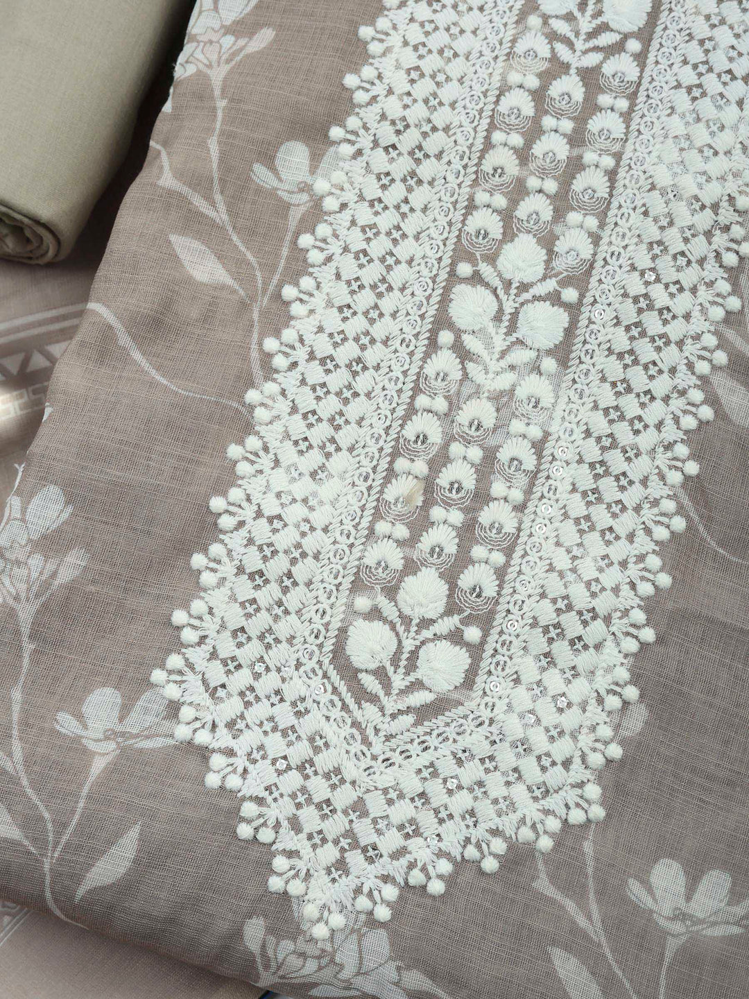 Brown Grey Embroidered Cotton Blend Unstitched Suit &amp; Pant With Cotton Dupatta
