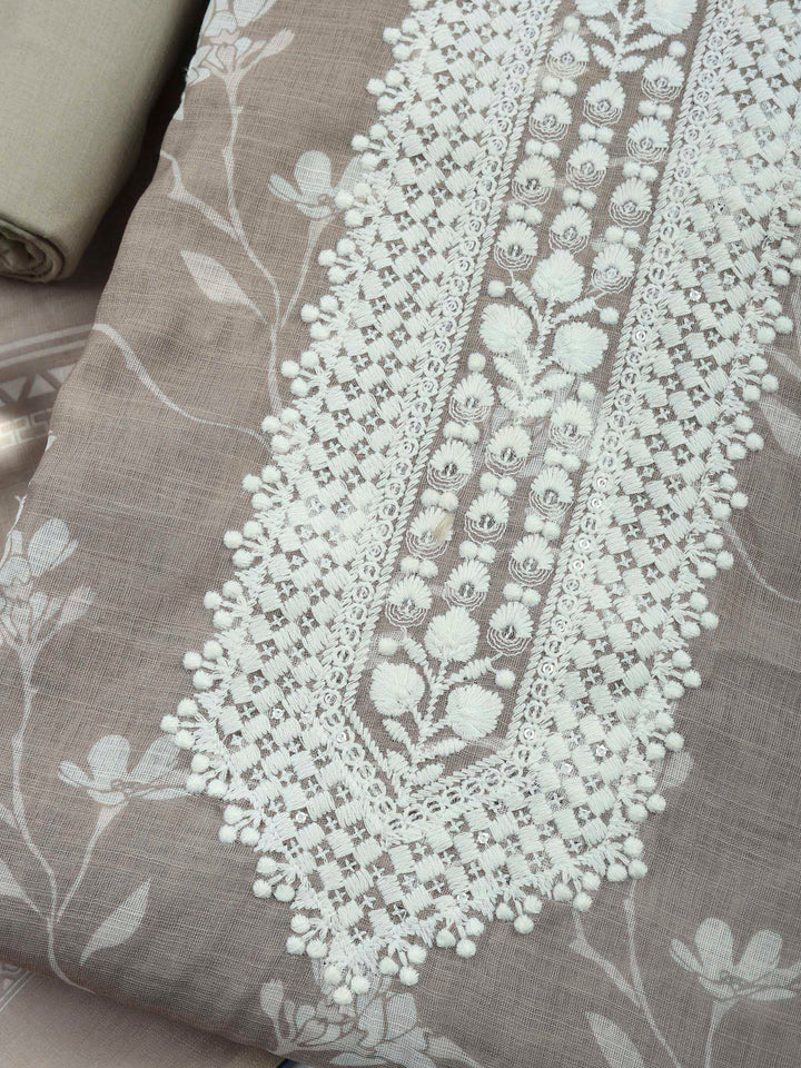 Brown Grey Embroidered Cotton Blend Unstitched Suit &amp; Pant With Cotton Dupatta
