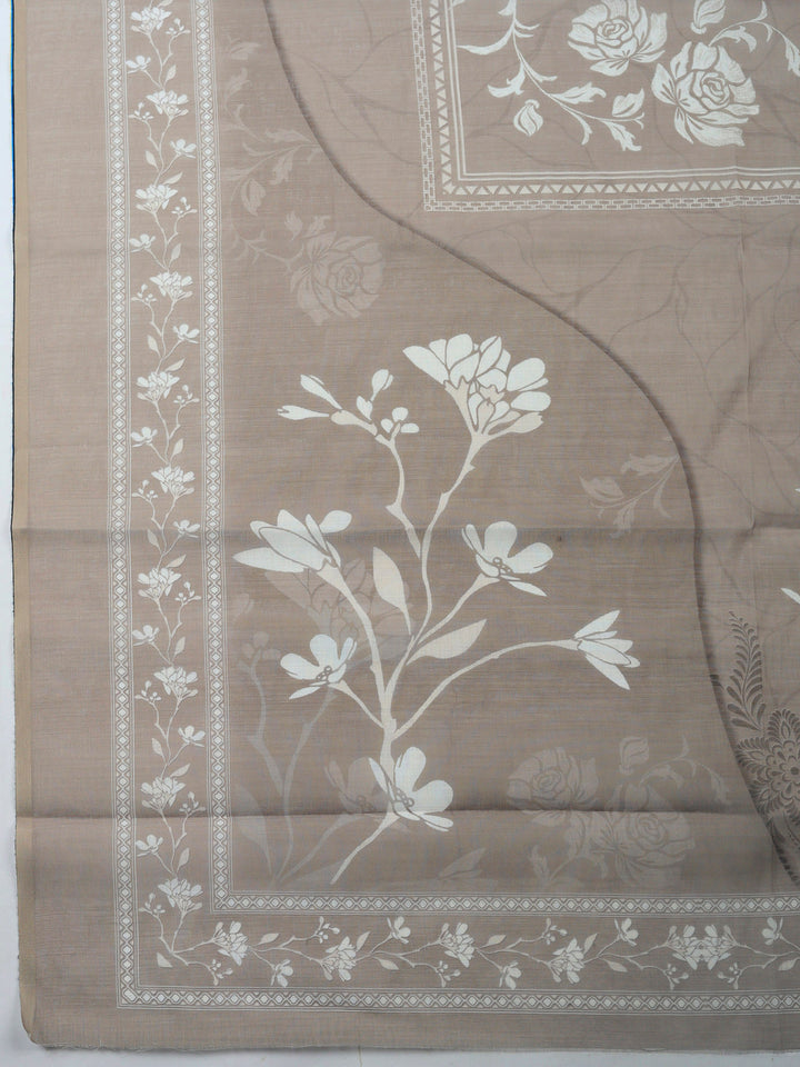 Brown Grey Embroidered Cotton Blend Unstitched Suit &amp; Pant With Cotton Dupatta