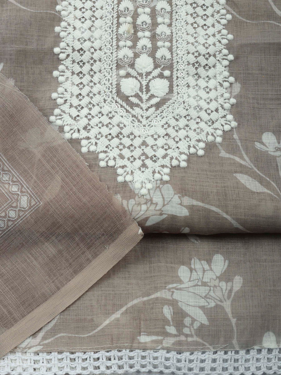 Brown Grey Embroidered Cotton Blend Unstitched Suit &amp; Pant With Cotton Dupatta