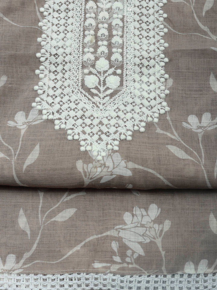 Brown Grey Embroidered Cotton Blend Unstitched Suit &amp; Pant With Cotton Dupatta