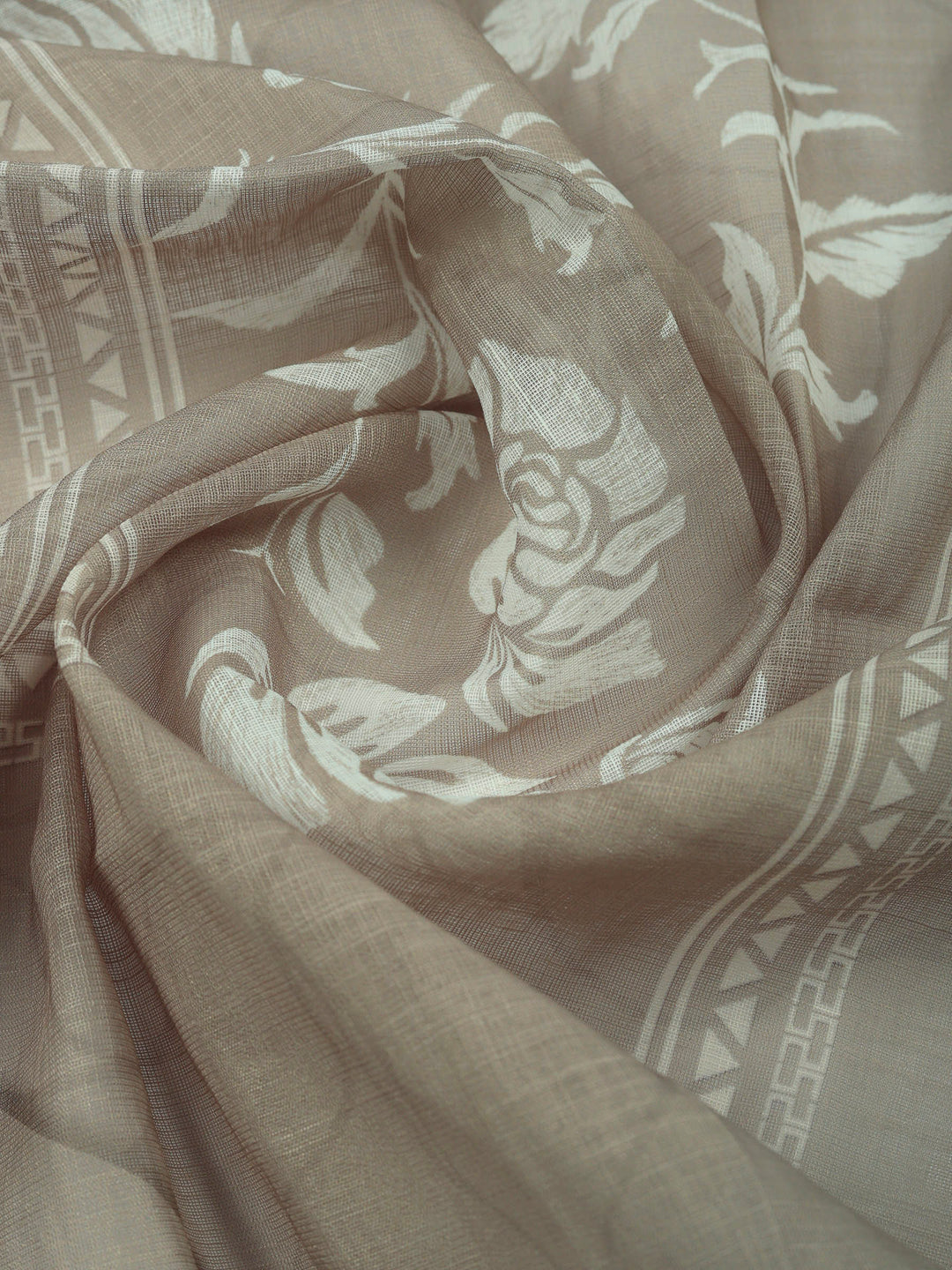 Brown Grey Embroidered Cotton Blend Unstitched Suit &amp; Pant With Cotton Dupatta