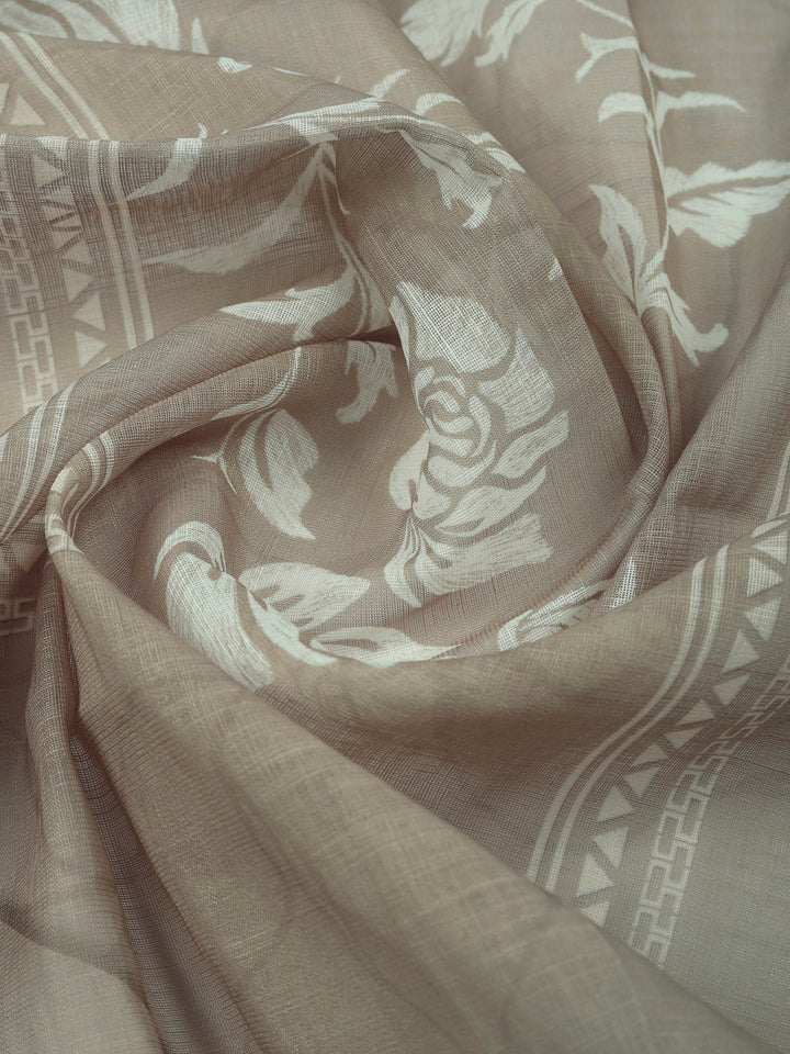 Brown Grey Embroidered Cotton Blend Unstitched Suit &amp; Pant With Cotton Dupatta