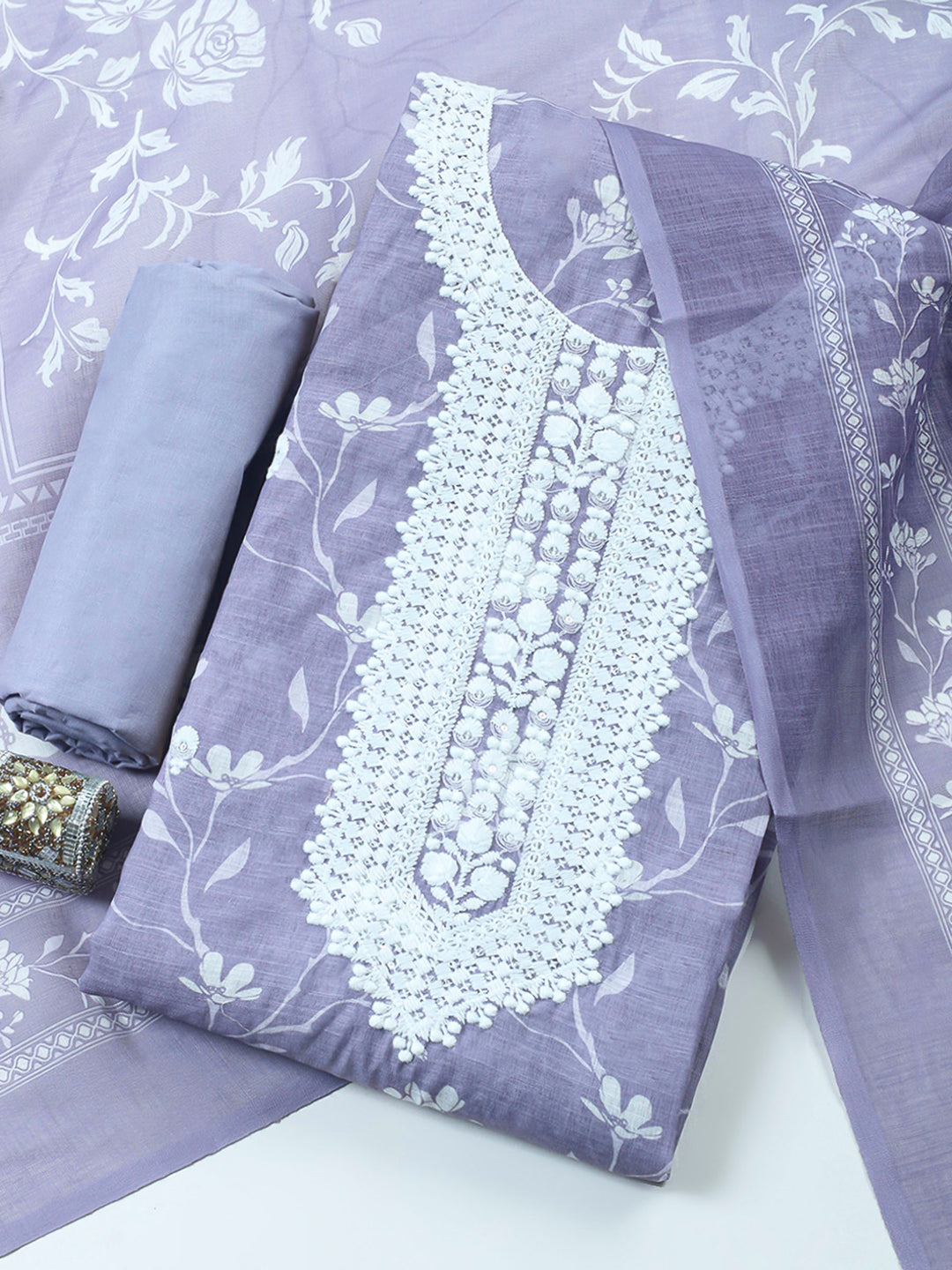 Grey Embroidered Cotton Blend Unstitched Suit &amp; Pant With Cotton Dupatta