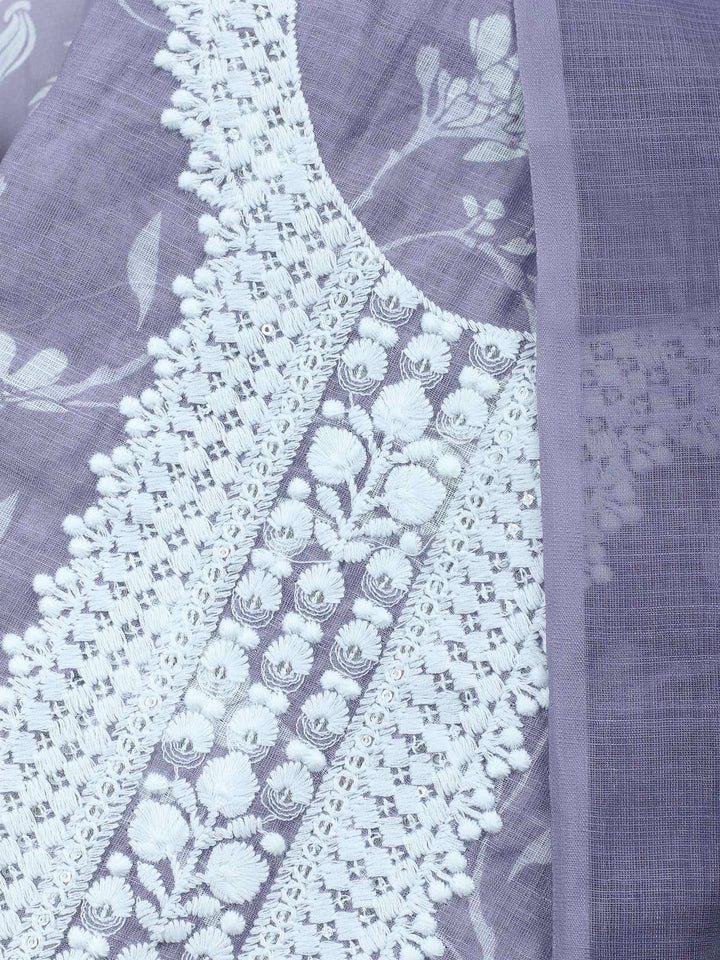 Grey Embroidered Cotton Blend Unstitched Suit &amp; Pant With Cotton Dupatta