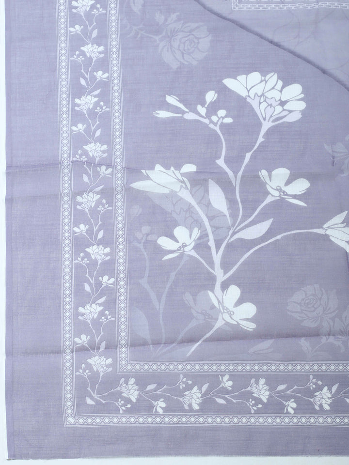 Grey Embroidered Cotton Blend Unstitched Suit &amp; Pant With Cotton Dupatta