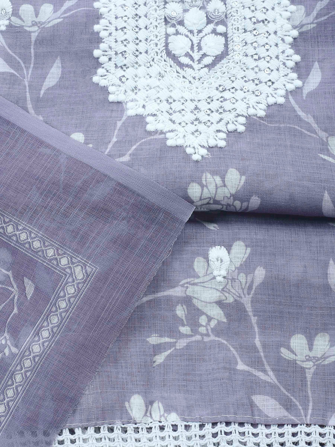 Grey Embroidered Cotton Blend Unstitched Suit &amp; Pant With Cotton Dupatta