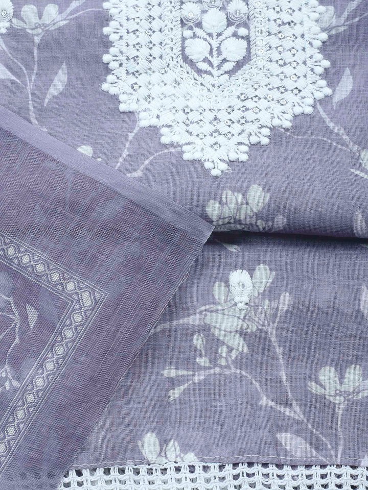 Grey Embroidered Cotton Blend Unstitched Suit &amp; Pant With Cotton Dupatta