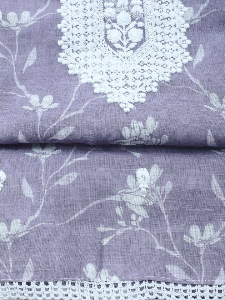 Grey Embroidered Cotton Blend Unstitched Suit &amp; Pant With Cotton Dupatta