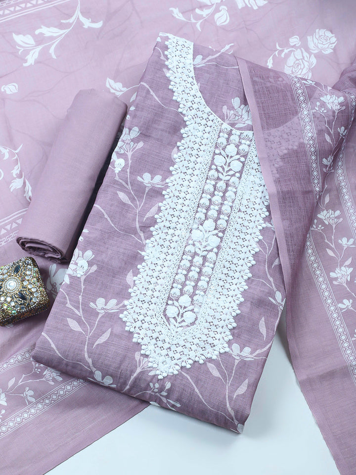 Onion Pink Embroidered Cotton Blend Unstitched Suit &amp; Pant With Cotton Dupatta