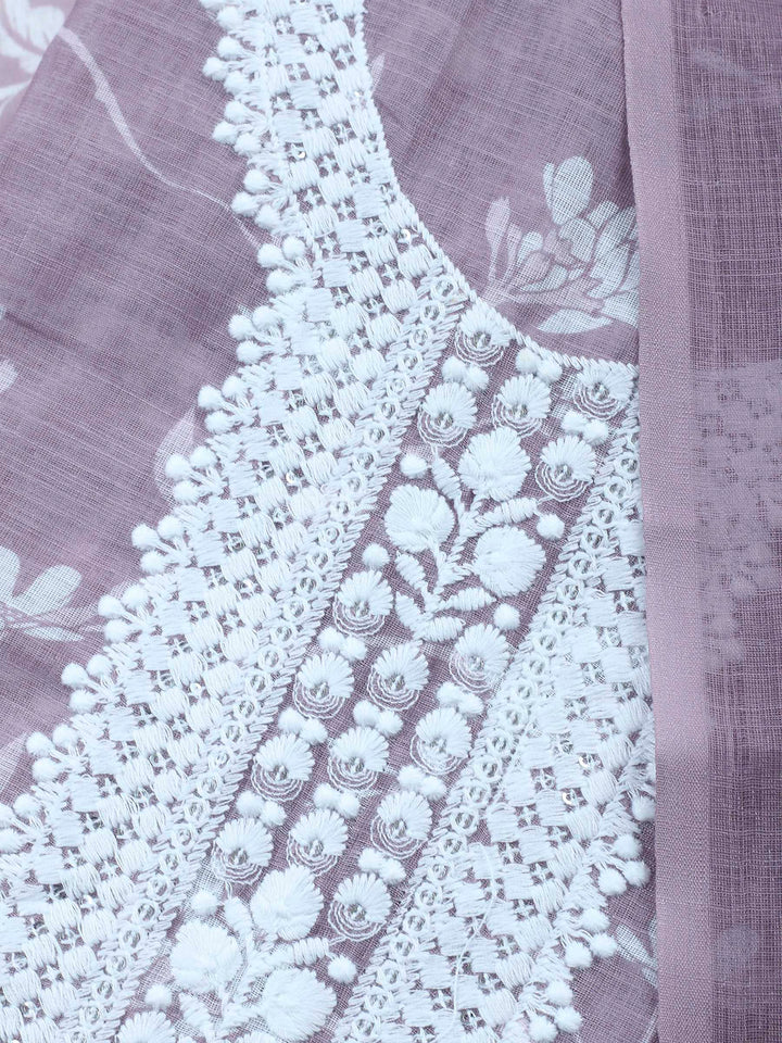 Onion Pink Embroidered Cotton Blend Unstitched Suit &amp; Pant With Cotton Dupatta