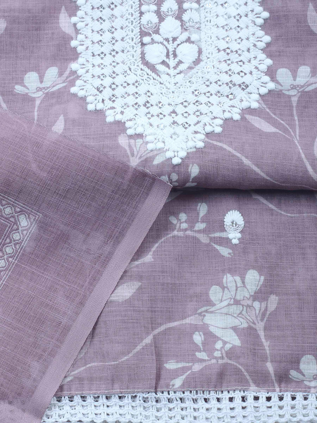 Onion Pink Embroidered Cotton Blend Unstitched Suit &amp; Pant With Cotton Dupatta
