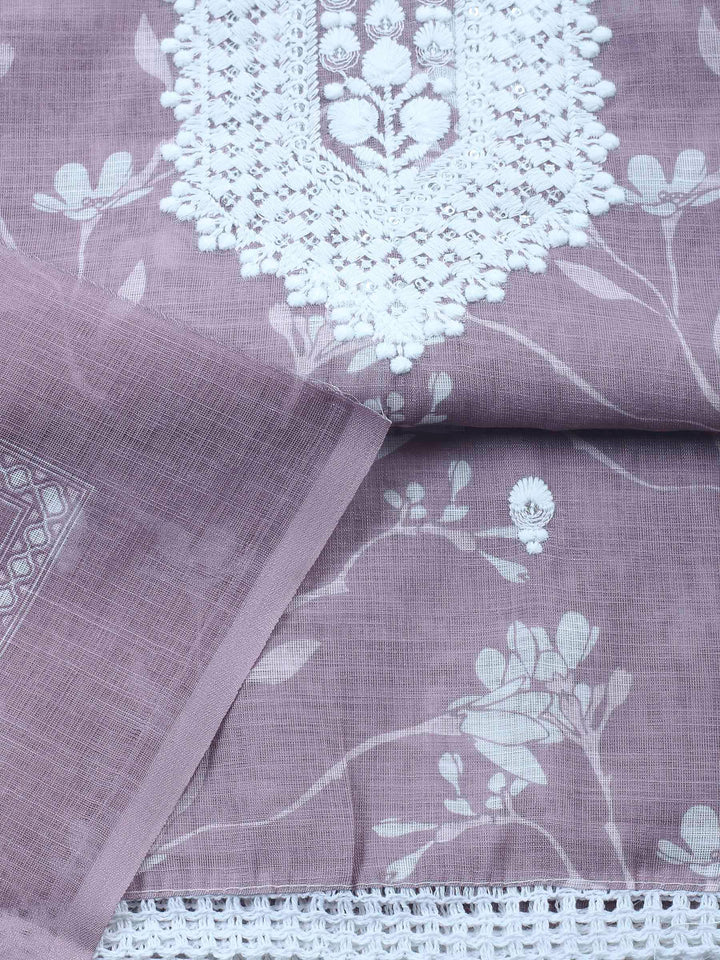 Onion Pink Embroidered Cotton Blend Unstitched Suit &amp; Pant With Cotton Dupatta