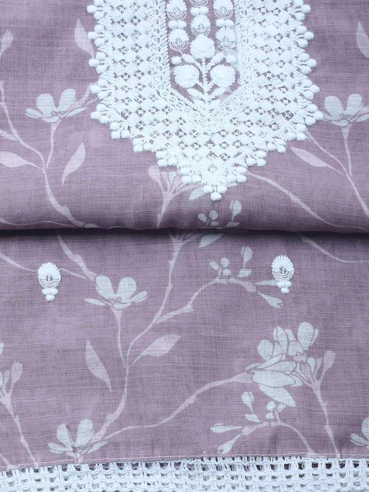 Onion Pink Embroidered Cotton Blend Unstitched Suit &amp; Pant With Cotton Dupatta