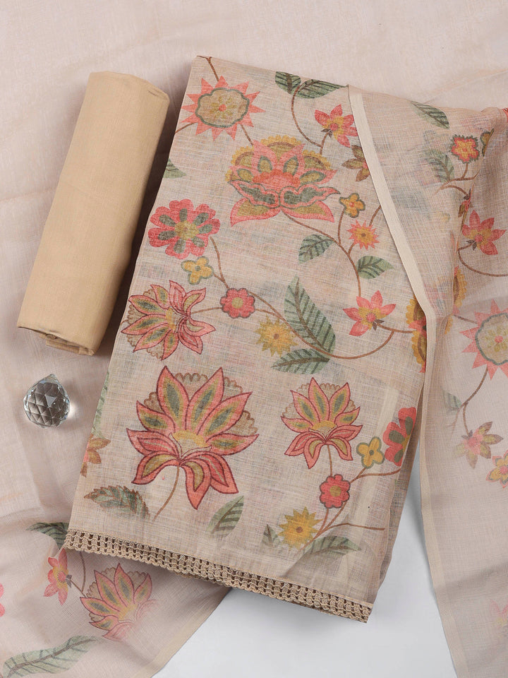 Beige Embroidered Linen Blend Unstitched Suit &amp; Pant With Linen Dupatta