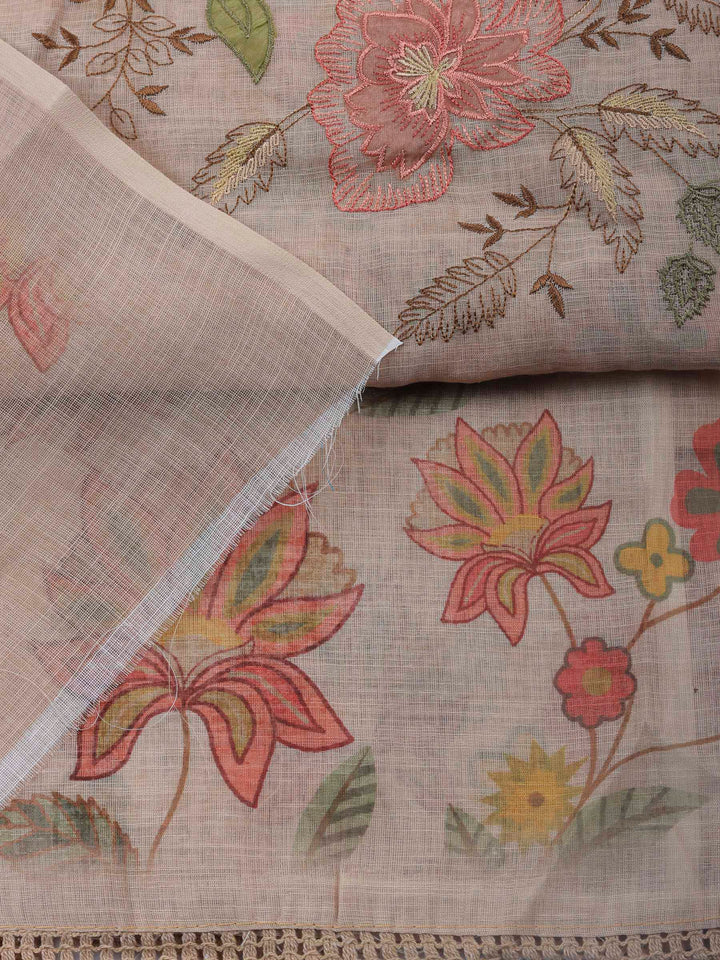 Beige Embroidered Linen Blend Unstitched Suit &amp; Pant With Linen Dupatta