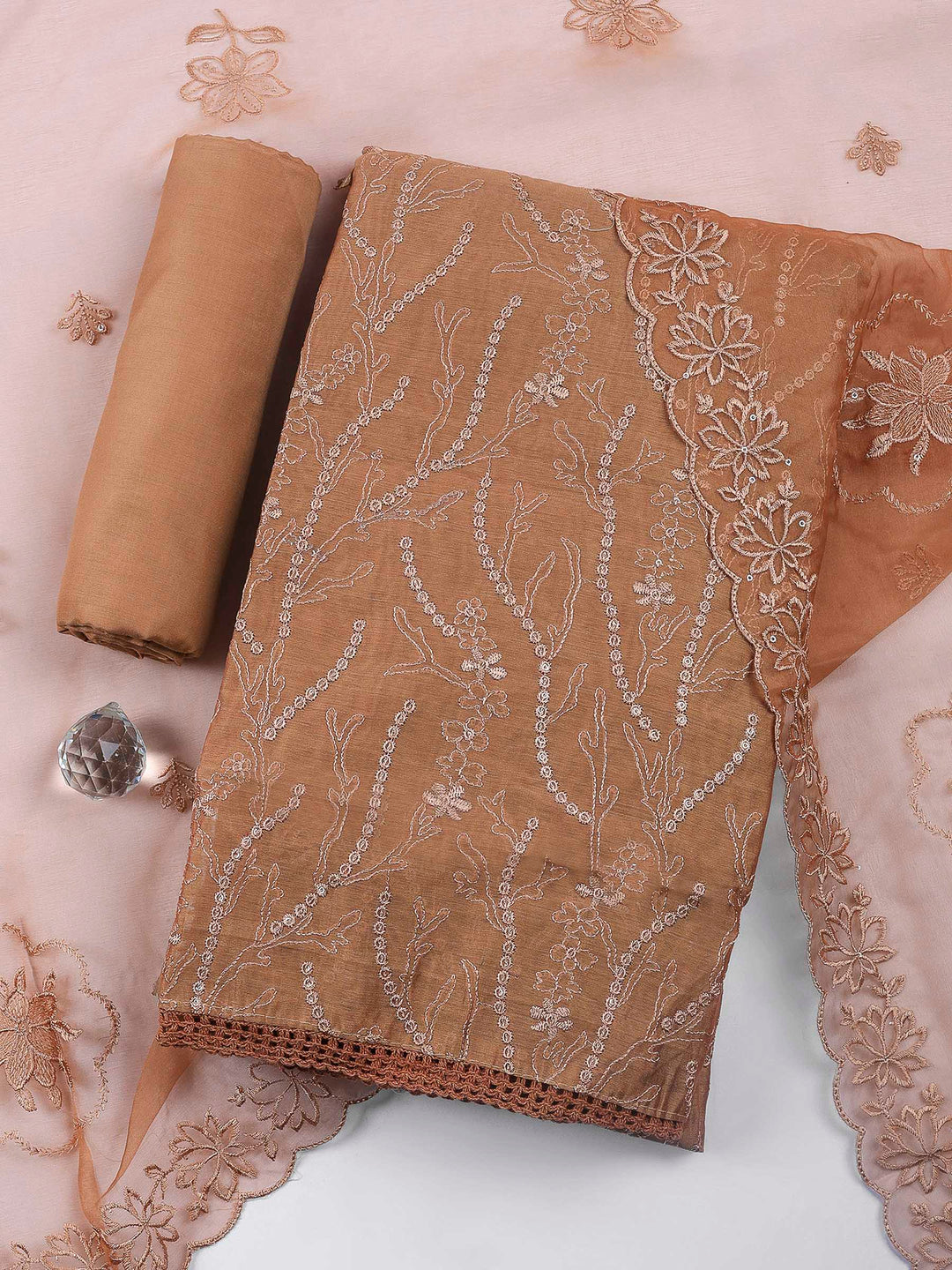Brown Embroidered Chanderi Unstitched Suit &amp; Pant With Chanderi Dupatta
