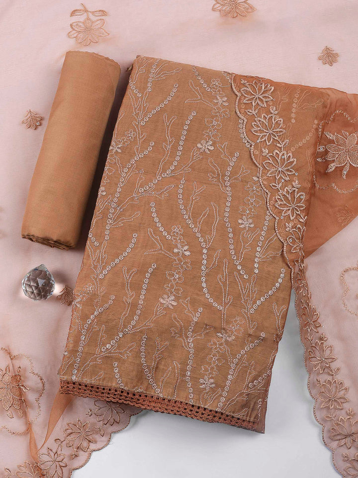 Brown Embroidered Chanderi Unstitched Suit &amp; Pant With Chanderi Dupatta