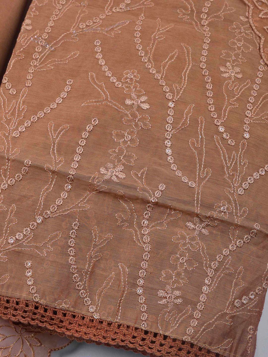Brown Embroidered Chanderi Unstitched Suit &amp; Pant With Chanderi Dupatta