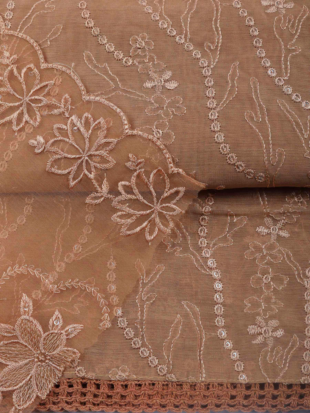 Brown Embroidered Chanderi Unstitched Suit &amp; Pant With Chanderi Dupatta