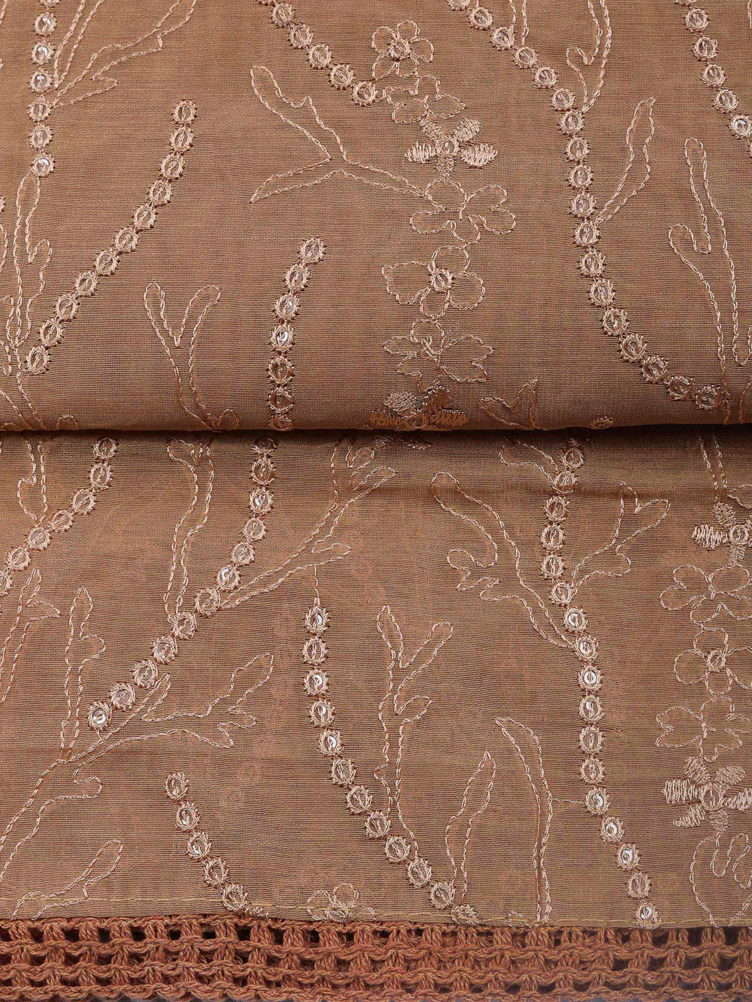 Brown Embroidered Chanderi Unstitched Suit &amp; Pant With Chanderi Dupatta