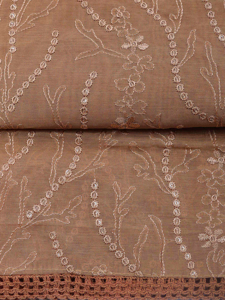 Brown Embroidered Chanderi Unstitched Suit &amp; Pant With Chanderi Dupatta