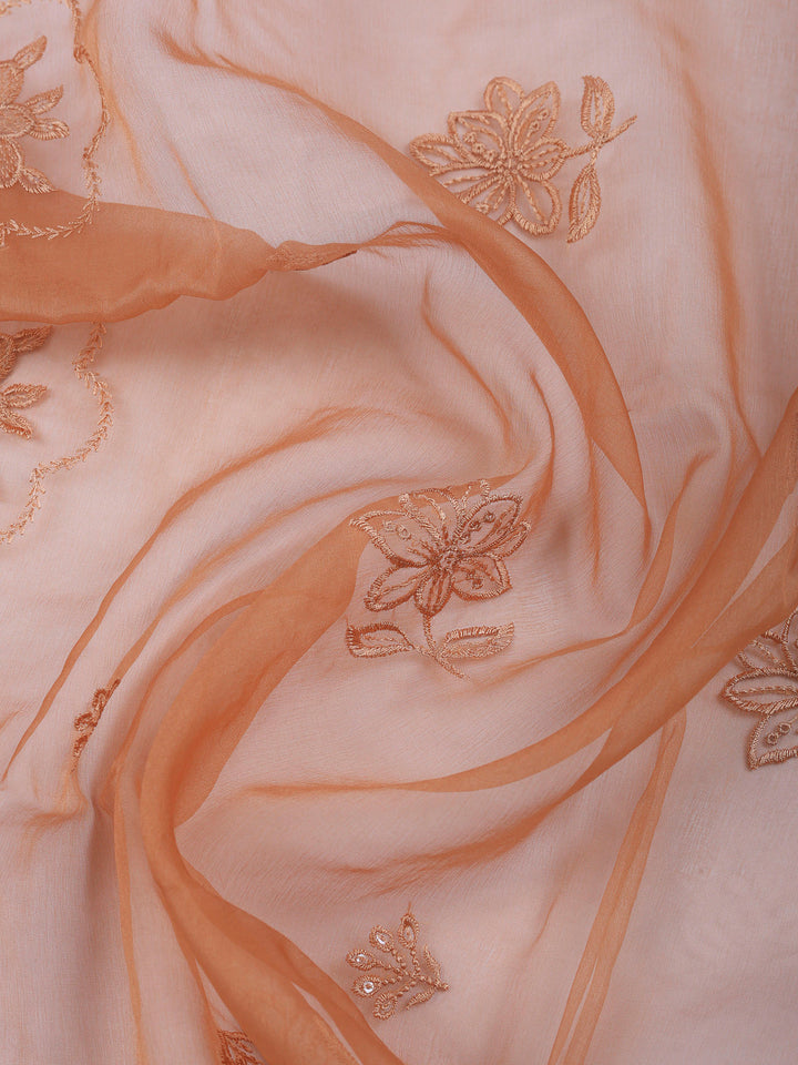 Brown Embroidered Chanderi Unstitched Suit &amp; Pant With Chanderi Dupatta