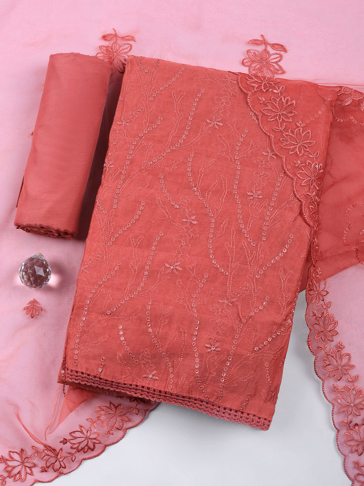 Dusty Pink Embroidered Chanderi Unstitched Suit &amp; Pant With Chanderi Dupatta