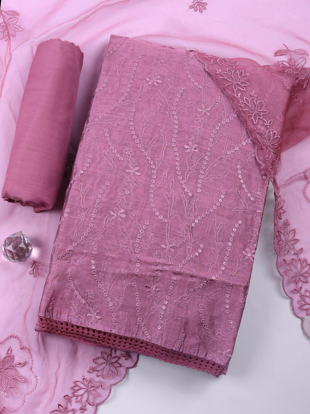 Lavender Embroidered Chanderi Unstitched Suit &amp; Pant With Chanderi Dupatta