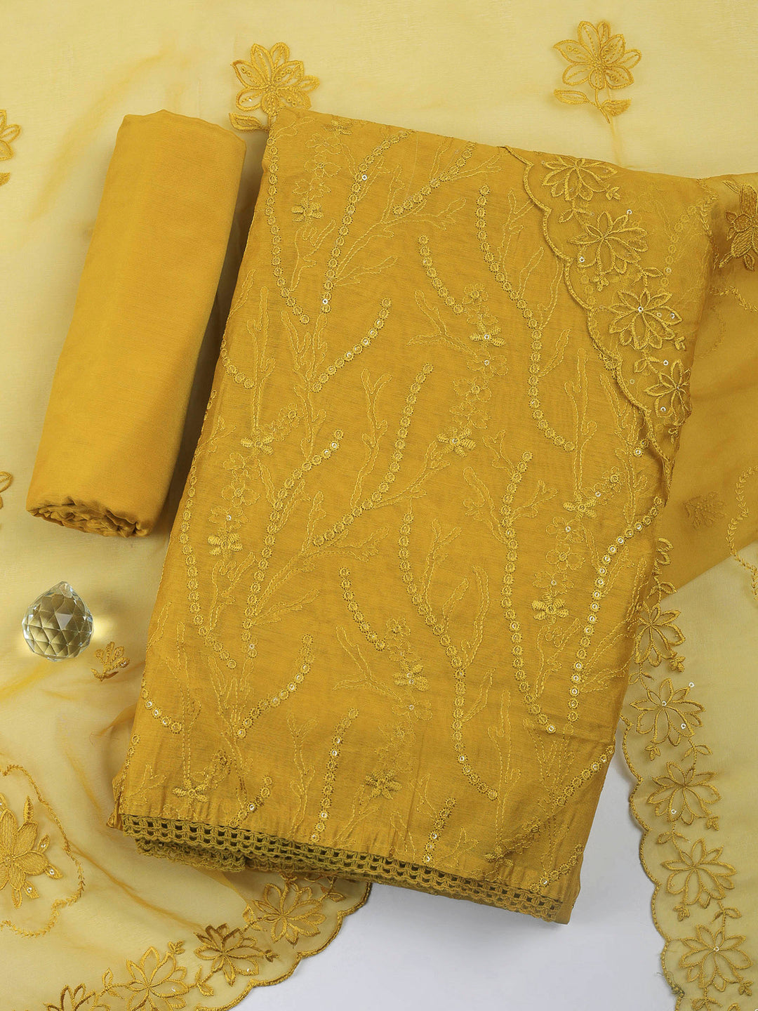 Mustard Embroidered Chanderi Unstitched Suit &amp; Pant With Chanderi Dupatta