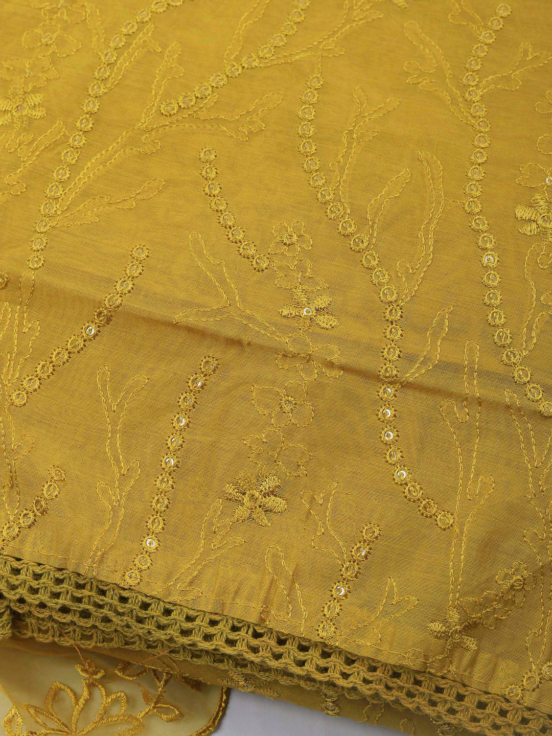 Mustard Embroidered Chanderi Unstitched Suit &amp; Pant With Chanderi Dupatta