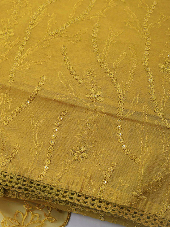 Mustard Embroidered Chanderi Unstitched Suit &amp; Pant With Chanderi Dupatta