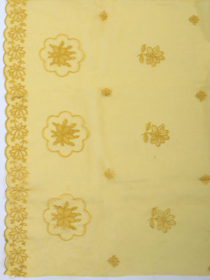 Mustard Embroidered Chanderi Unstitched Suit &amp; Pant With Chanderi Dupatta