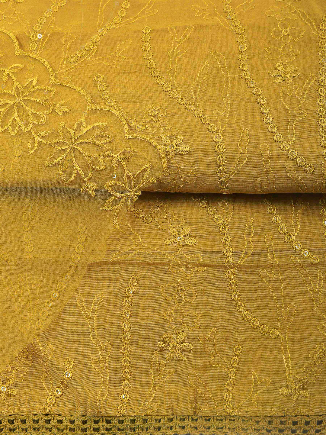 Mustard Embroidered Chanderi Unstitched Suit &amp; Pant With Chanderi Dupatta