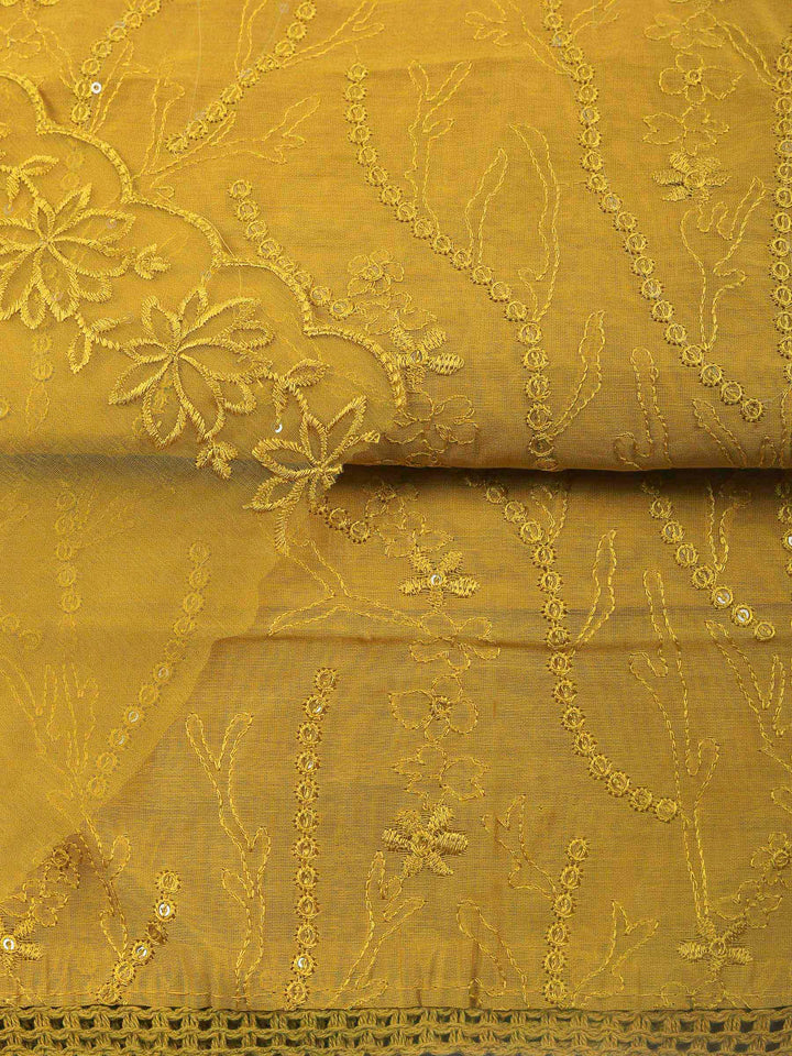 Mustard Embroidered Chanderi Unstitched Suit &amp; Pant With Chanderi Dupatta