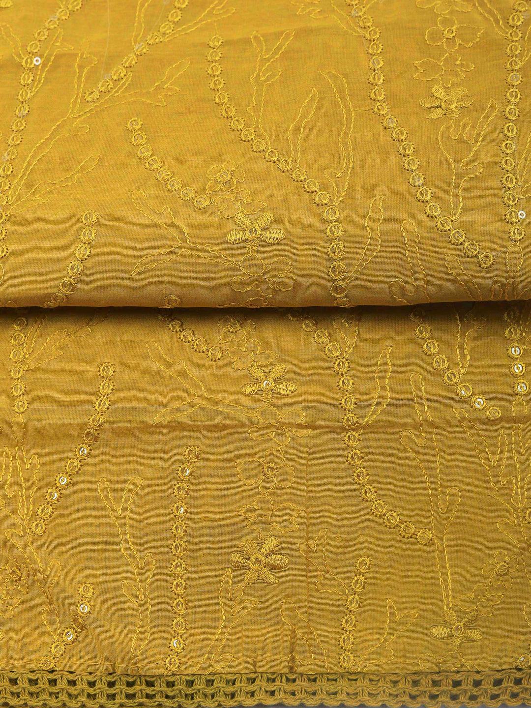 Mustard Embroidered Chanderi Unstitched Suit &amp; Pant With Chanderi Dupatta