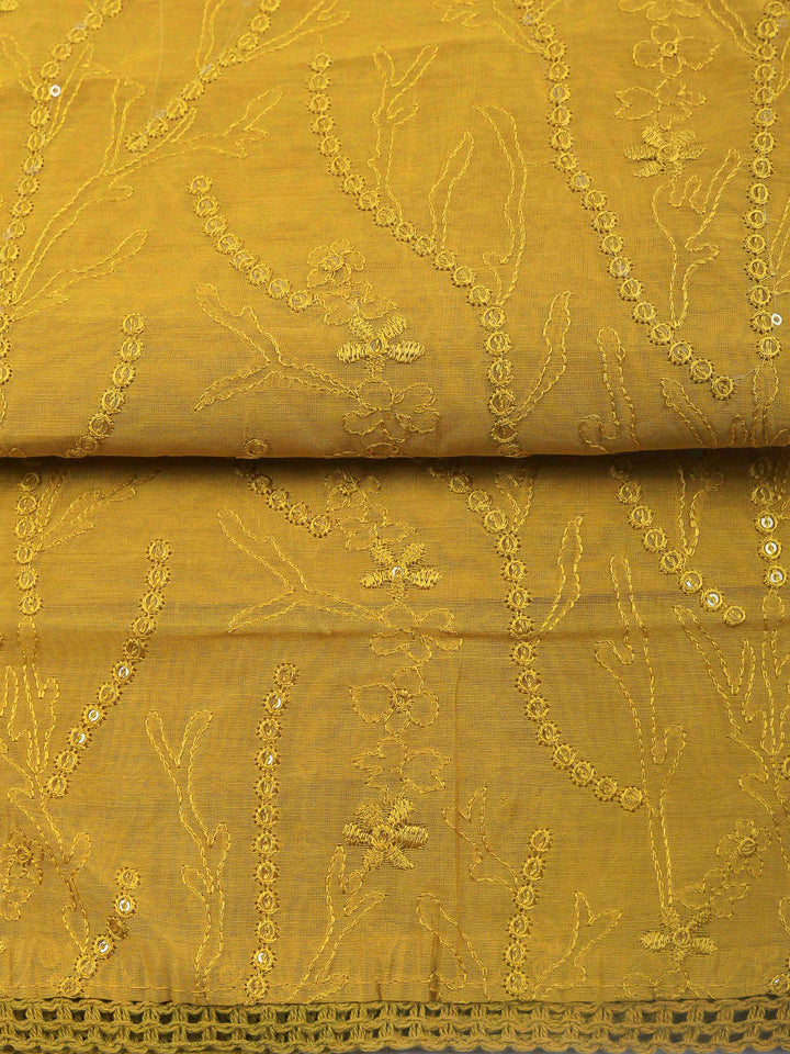 Mustard Embroidered Chanderi Unstitched Suit &amp; Pant With Chanderi Dupatta